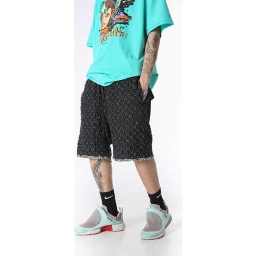 Original Hole Denim Shorts Mens High Street Rough Loose Drawstring Harajuku Five-point Pants Wide Leg Drawstring Jeans Shorts