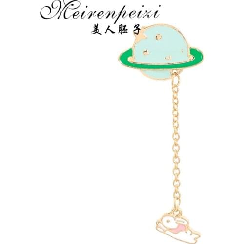 Enamel Brooch Women Cute Planet Animal Rabbit Chian Brooch Pins Chain Button Pin Denim Clothes Badge Gift Jewelry