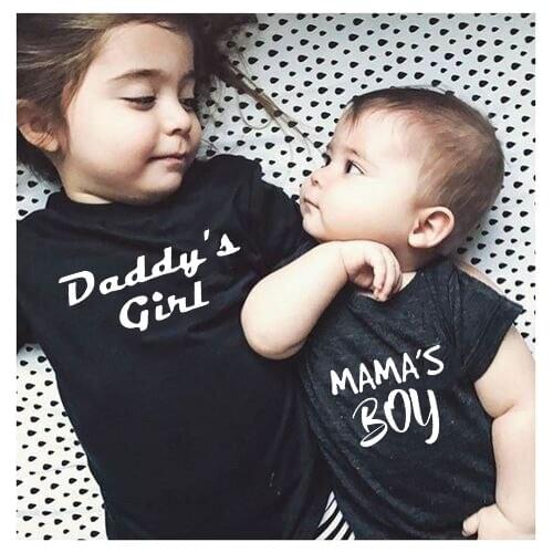 Daddys Girl and Mamas Boy Family Matching T-shirt Girls Costume Fashion Funny Outfits Kids Tops Boys Clothes Son Daughter Tees