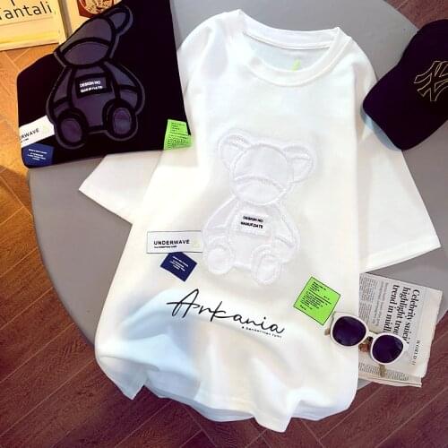 Womens T-shirts Harajuku Girls Plus Oversize Tops O-neck Short Sleeves Loose Summer Tshirt Embroidery Bear White Black Tees