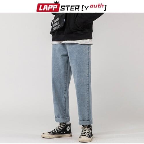 LAPPSTER-Youth Korean Blue Jeans Pants Men 2020 Mens Loose Solid Vintage Staight Denim Pants Male Korean Fashions Grey Jeans 5XL
