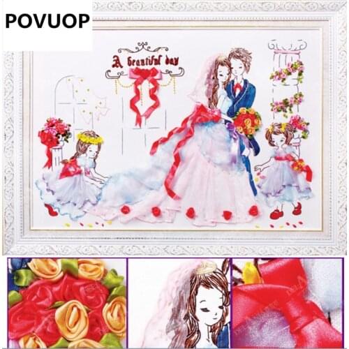 POVUOP Ribbon Embroidery 60X90cm Wedding new life you have a three-dimensional embroidered living room bedroom painting