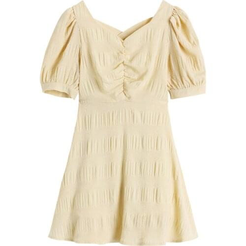 PERHAPS U V Neck Short Sleeve Mini Dress Elegant Summer Women Female Yellow Backless Puff Sleeve A-line D2026