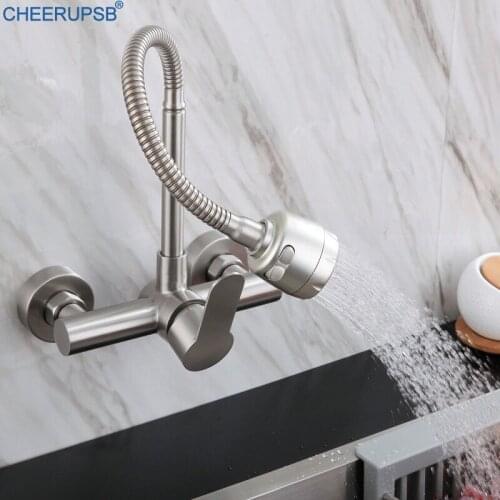Wall Mounted Kitchen Sink Faucet Hot Cold Water Mixer Stainless Steel Tap Brush Nickel Flexible Faucets Mop Basin Balcony Taps