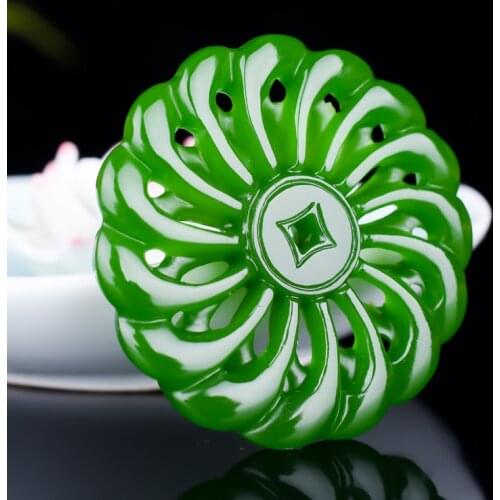 Natural Green Jade Pendant Chinese Necklace Double-Sided Hollow Out Carved Fine Charm Jewelry Fashion Amulet for Men Women Gifts