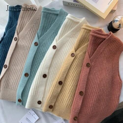 JulyPalette Solid Preppy Style V-neck Knitting Waistcoat Casual Women Sleeveless Knitted Cardigan Vintage Female Sweater Vest
