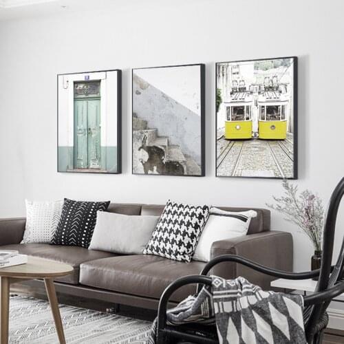 Landscape Canvas Poster Nordic Decoration Old Stairs Green Wooden Door Yellow Bus Wall Art Print Painting Picture Home Decor