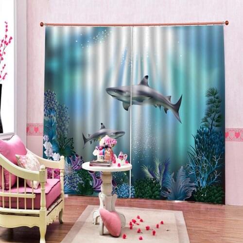 Custom any size Childrens room Indoor Decor Underwater World Sharks Coral Window Curtains Sets (Left and Right Side)