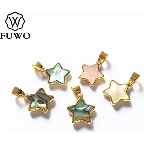 FUWO Hot sale Pentagram Shell Pendant With Copper Bezel Trimmed Raw Abalone / Pink / White / Black Shell Jewelry Wholesale PD577