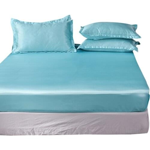 Luxury Water Blue 100% Satin Silk Bed Sheet Solid Color Mattress Cover Around Elastic Rubber Band Fitted Sheet Twin Queen Size