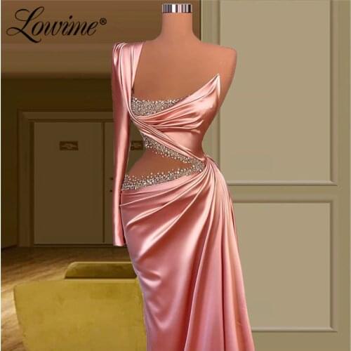 Pink One Shoulder Luxury Women Evening Dresses 2021 Plus Size Long Satin Mermaid Arabic Party Gowns Robes Dubai Prom Dresses