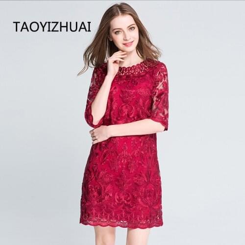 TAOYIZHUAI 2021New Arrival Autumn Chinese Style Natural Plus Size 110KG O-Neck Red Dress Floral Women Sheath Lace Dress 16046