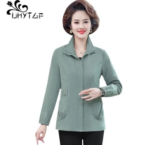 UHYTGF Women Spring Autumn Coats 2020 Mid-Length Elegant Mother Plus Size Jacket Long Sleeves Casual Female Thin Clothes 1837