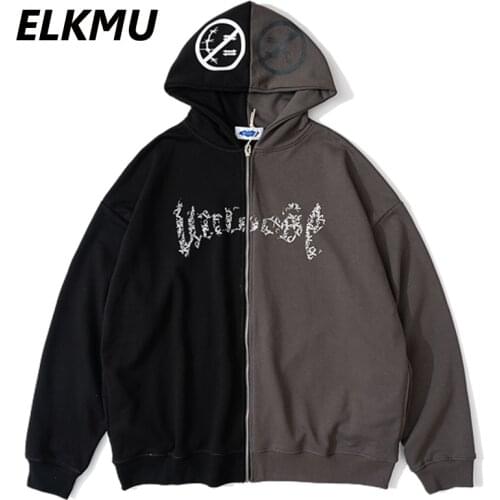 ELKMU Streetwear Patchwork Hoodies Smile Crying Face Print Sweatshirts Oversized Mens Harajuku Hooded Pullover Jacket Male HM585