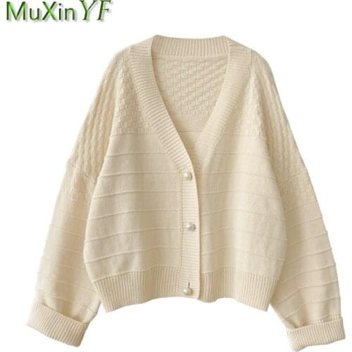 Spring Autumn Casual Loose Knitted Sweater Cardigan Women Korean Graceful Pearl Button Outerwear Fashion Lady Joker Blue Coats