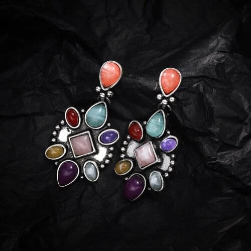 Vintage Bohemia Style Natural Stone Dangle Drop Earrings Geometry Cut Colourful Gems Long Earrings Womens Fashion Jewelry