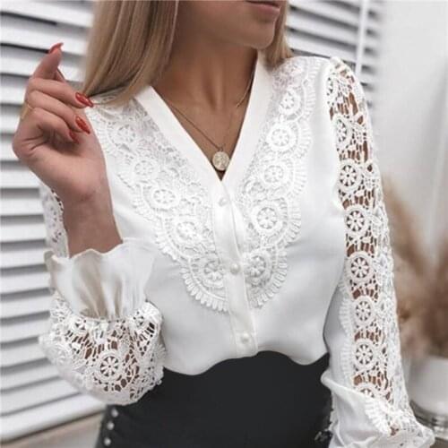 Women Sexy Lace Patchwork Hollow Out T-Shirt Long Sleeve Crew Neck Button Mesh Design Tops Spring Fashion White Vintage T Shirts