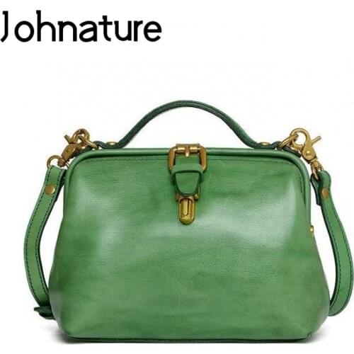 Johnature Retro Doctor Bag 2021 New Handmade Genuine Leather Women Small Handbag Leisure Nature Soft Cowhide Shoulder Bags