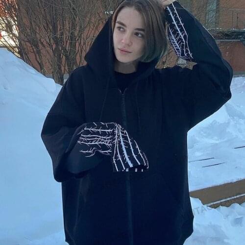 Goth Punk Thorn Print Women Long Sleeve Sweatshirt Hoodie Zipper Loose Streetwear Clothes Jacket Cardigan Splicing Fake Two Coat