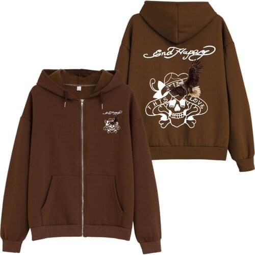 Y2K Sweatshirt Skull Printed Hoodies Women Winter Jacket Brown Zip Hoodie Cotton Top Ulzzang Hip Hop Punk Harajuku Casual Hooded