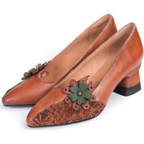 YourSeason Ladies Vintage Flower High Heels Pumps 2021 Pointed Toe Handmade Women Casual Concise Shoes Genuine Leather