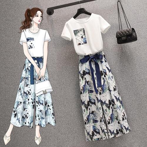 Womens Suit 2021 New Loose Short-sleeved Top Wide-leg Pants Plus Size Two-piece Nine-point Casual Pants