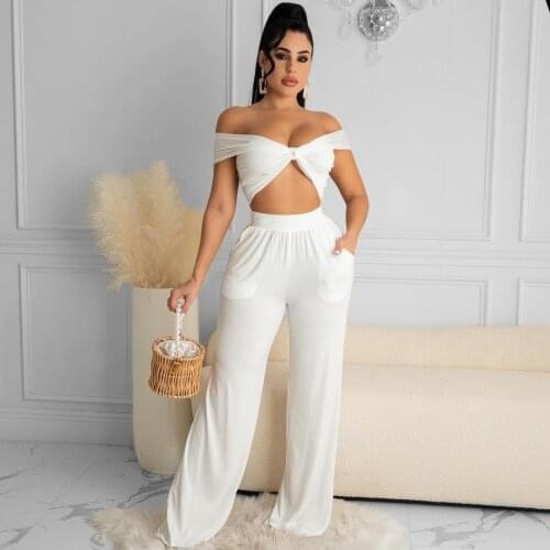 VAZN 2020 Hot Summer Shinny Off Shoulder Solid Long Pant Print Women Casual Set Tracksuit Sexy Suit 2 Piece Set Lady Sets