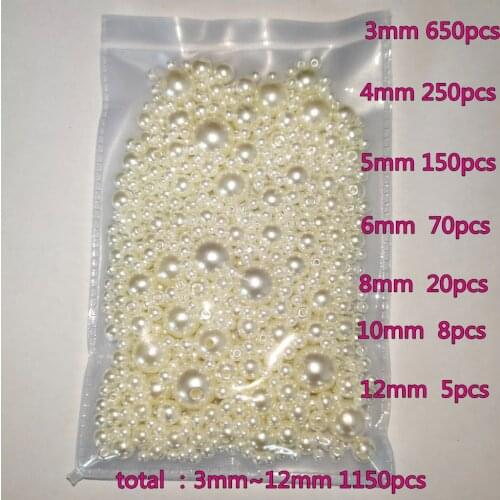 3-12mm Mix size 1150pcs Pure White/Pearl wtraight holes round imitation plastic pearl beads for needlework & Jewelry Making