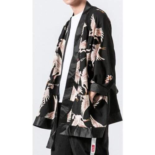 2021 Original Men Japan Style Kimono Autumn Outfit Silk Crane INS Style Country Tide Trench Coat