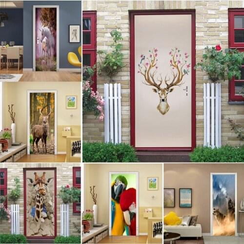 Wild Animals Bird Parrot Giraffe Deer Door Stickers Wallpaper Home Decor Self-adhesive Waterproof Removable Poster Wall Decal