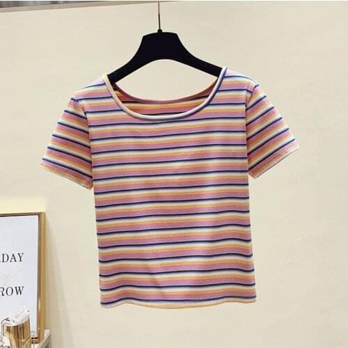Summer New Women T Shirt Cotton U Neck Thin Slim Short Sleeve Tops Female Striped Casual Loose Stretch Simple Short Tee T-Shirt