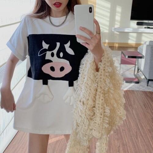 Women Tshirt Womens Short Sleeve Tops Loose Oversized Streetwear Funny Cartoon Milk Cow T Shirts