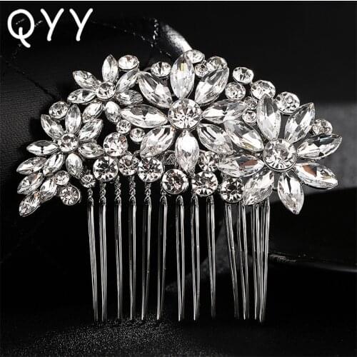 QYY Fashion Rhinestone Crystal Alloy Hair Comb Wedding Hair Accessories Flower Bridal Headpieces Brides Tiaras Head Clips