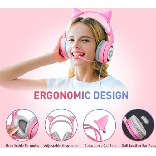 Pink Cat Gaming Headphones Virtual 7.1 Noise Gaming Cancelling Wired Vibration Headset with Mic for PC Gamer