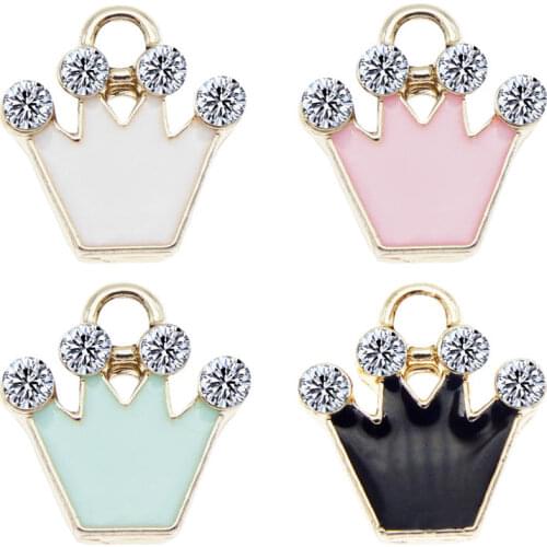 Julie Wang 8PCS Enamel Small Crown Charms Black Blue Pink White Crown With Rhinestone Alloy Bracelet Jewelry Making Accessory