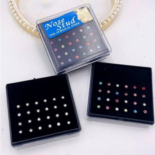 24pcs Crystal Nose Ring & Studs Fashion Body Women Girl Jewelry Stainless Surgical Steel Nose Piercing Colorful Rhinestone