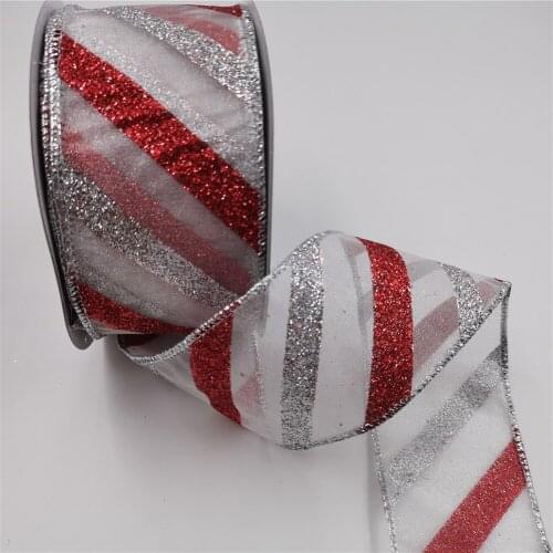 63MM X 25 Yards Red and Silver Wire Edge Organza Twill Sparking Ribbon for Birthday Decoration Gift Wrapping 2-1/2"
