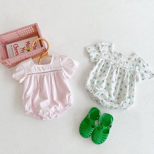 Hot Sell Baby Girls Short Sleeve Lace Romper Sets Summer New Fashion Infant Bodysuits Floral /solid Cozy Outfits
