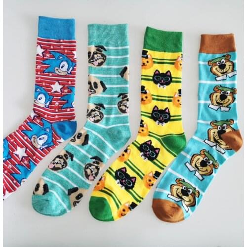 Men Cartoon Pig Bear Animals Printed Knee-High Socks Spring Autumn Classic Cotton Funny Novelty Casual Calcetines Hombre