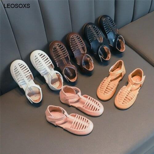 2021 Summer New Girls' Sandals Childrens Hollow Out Roman Shoes Fashion Simple Solid Color Velcro Single Shoes