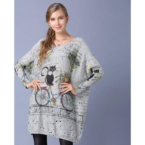 Wool Blend Long Oversized Cat Bicycle Print Sweater Dress Women Casual Batwing Sleeve Print Woman Sweaters Pullovers Clothing