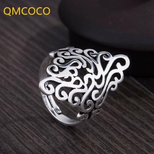 QMCOCO Korean Style New 925 Silver Large Rings For Women Wedding Jewelry Adjustable Retro Ring Carved Women Ring Accessories