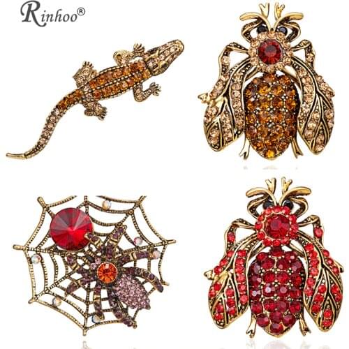 Rinhoo Fashion Vintage Crystal Enamel Insect Spider Web Lizard Bee Brooch Pin Jewelry Brooches Pins For Men Women Girls
