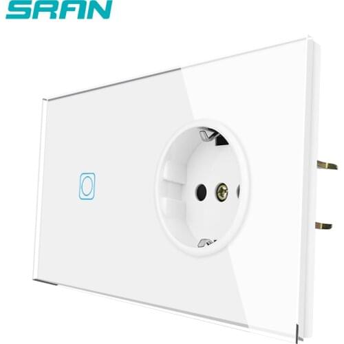 SRAN Touch Sensor Switch With Socket Full glass panel 153*82mm 220V 16A Wall Socket With Light Switch 1Gang 1Way F8C1D1001