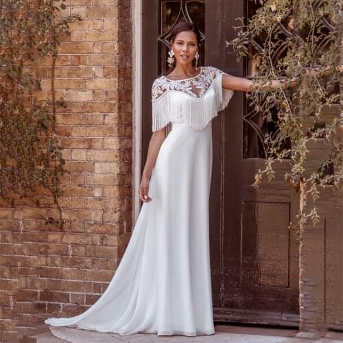 White/Ivory Chiffon Wedding Dress with Tassel A Line Appliqued Illusion Back Custom Made Patwing Bridal Gowns Plus Size