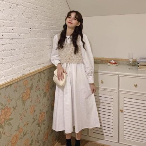 Spring 2021, new Japanese first love, bubble sleeves, white dress, fall vest, two-piece suit