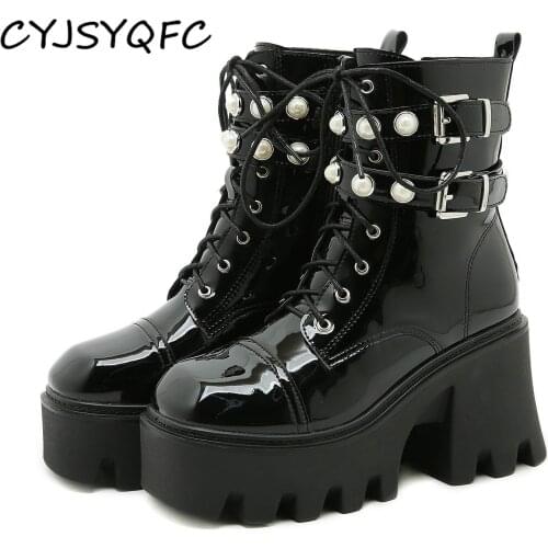 CYJSYQFC Pearl Decoration Lace Up Women Motorcycle Boots Punk Gothic Style Black Patent Leather Square Heels Platform Lady Shoes