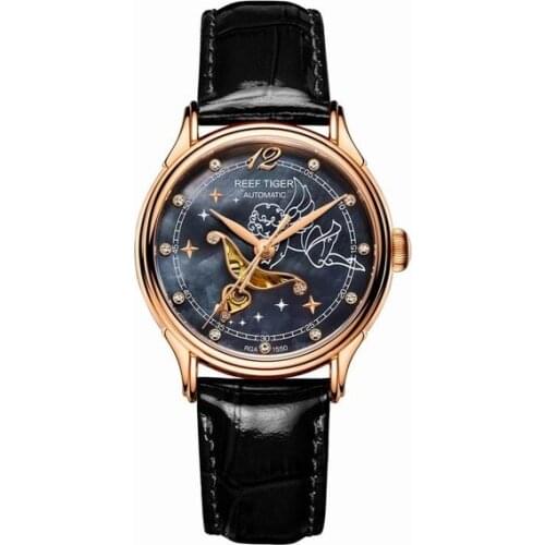 Reef Tiger LOVE Serier RGA1550 Luxury Watches Women Lady Wrist Watches Rose Gold Tone Mother of Pearl Dial Watch Leather Strap