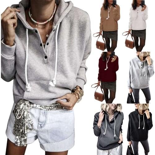 Women Casual Solid Color Sweatshirts Fashion Buttons Neck Lightweight Long Sleeve Hoodies with Pocket Daily Wear