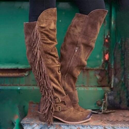 Women Knee High Tassel Boots Leather Cowboy Cowgirl Boots Pointed Toe Slip-On Western Girls Motorcycle Shoes Woman Ladies Botas